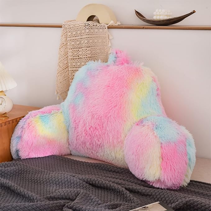 A Nice Night Faux Fur Reading Pillow Bed Wedge Large Adult Children Backrest with Arms Back Support for Sitting Up in Bed/Couch for Bedrest,YellowPink,More Large