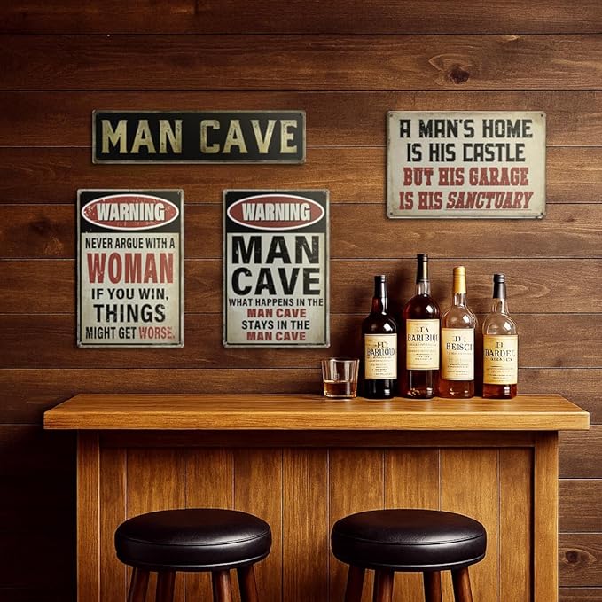 Vintage Man Cave Decor Signs – MAN CAVE RULES | 12x8″ Metal Sign for Man Cave, Garage, or Workshop Wall Decor – ManCave Accessories & Gifts for Men, 2357