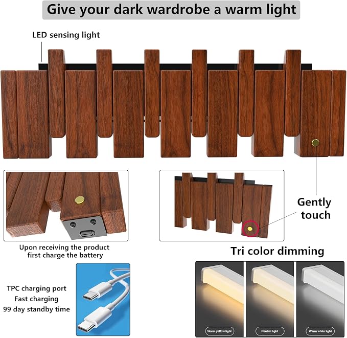 Wall Mounted Coat RackHooks Piano Key Hangers Natural Solid Wood Hanger Non-Woven Fabric Clothes Hangers for Closet, Kitchen, Bedroom, Bathroom, Entryway (Led Walnut, 12 Hooks)