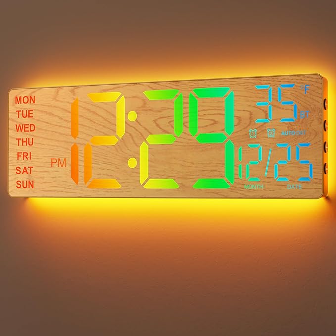 EASYERA 16.5" Large Digital Wall Clock with BT Sync, Wood Grain Clock with 11 RGB Light Scenes, Remote Control, Dual Alarms with Big LED Display, Auto DST, Temperature for Classroom Gaming