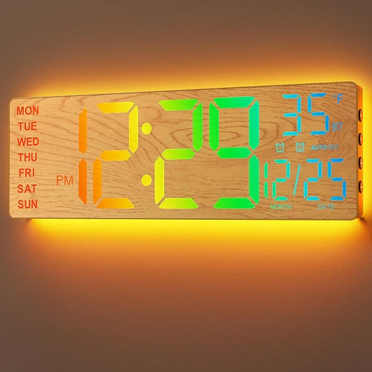 EASYERA 16.5" Large Digital Wall Clock with BT Sync, Wood Grain Clock with 11 RGB Light Scenes, Remote Control, Dual Alarms with Big LED Display, Auto DST, Temperature for Classroom Gaming