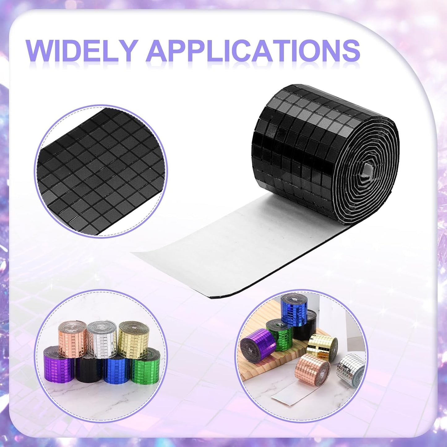 MECCANIXITY Self Adhesive Glass Mirror Mosaic Tiles 3200 Pcs 5 x 5 mm Disco Tiles for Craft Decoration Glass Mirror Disco Ball 2 Rolls (Black/Gold)