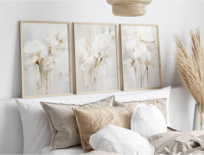 Neutral Wall Art Abstract Floral Canvas Pictures Beige Flower Wall Decor Modern Painting Minimalist Poster Abstract Botanical Prints White Artwork for Bedroom Living Room 16x24 Inch Unframed Set of 3