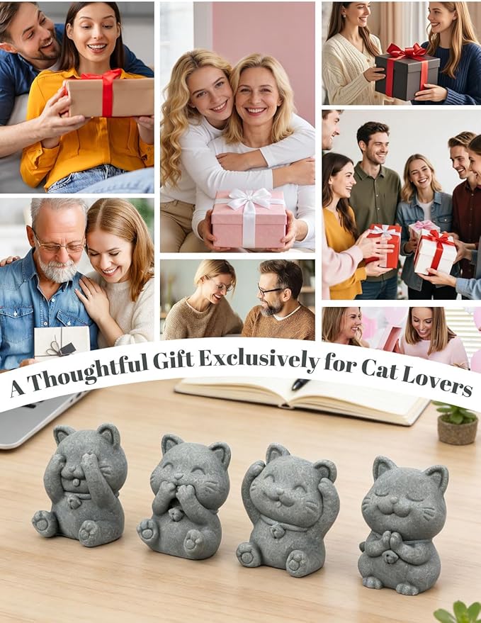 4 Piece Cute Cat Figurine Set, Sandstone See no Evil,Hear no Evil,Speak no Evil,Do no Evil Statues, Zen Desk/Garden Decor, Adorable Kitty Accents for Home Office