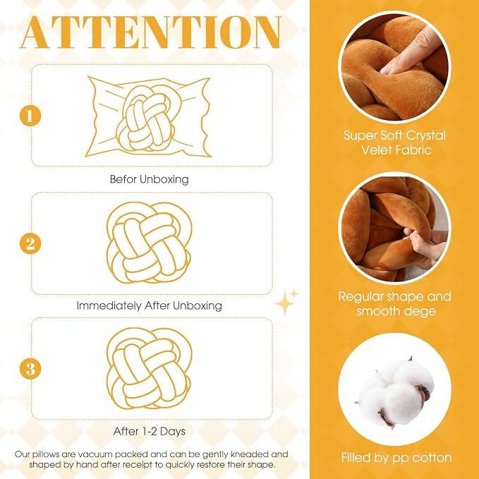 Beeveer 2 Pcs Knot Pillow Balls Set, 12 Inch Soft Decorative Throw Knot Pillow Ball, Large Square Knotted Floor Cushion for Living Room Bedroom Sofa Couch Bed Home Decoration (Caramel Brown, Turmeric)