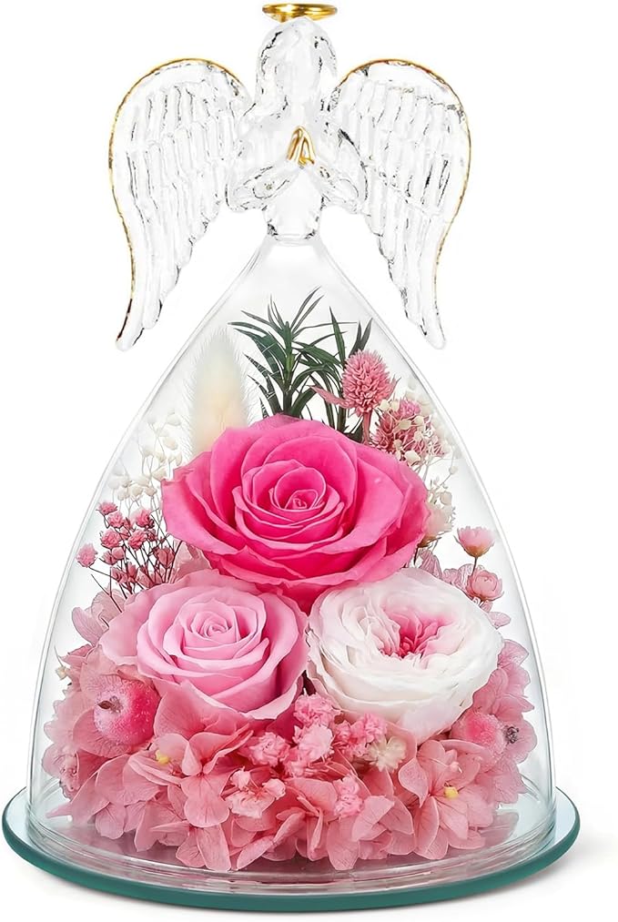 TranquilBliss Gifts for Mom, Flowers for Mother’s Day, Preserved Rose in Glass Dome with Light, Angel Figurines for Her Birthday, Valentine’s Day for Wife, Grandma, Women - Pink