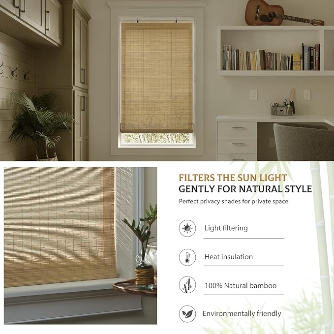 LazBlinds Cordless Bamboo Blinds, Custom Size, Carbonized | Bamboo Roll Up Shades for Windows, Light Filtering Hanging Window Blinds, Bamboo Shades for Patio Indoor/Outdoor Porch