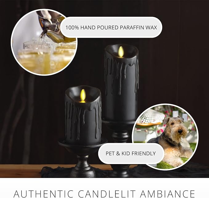 Luminara Black Wax Drip Flameless Candle LED Battery Operated Moving Flame Lights Pillar Unscented Real Wax with Dripped Edge, Timer (3 x 6.5 inch)