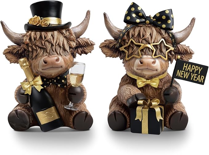 Karenhi 2 Pcs 2026 New Year Highland Cow Figurines, Happy New Year Cow Gnomes with Champagne and Gift Box, Resin Statue Calf Lovers Gifts Cute Yak Home Collectibles for Holiday Decor
