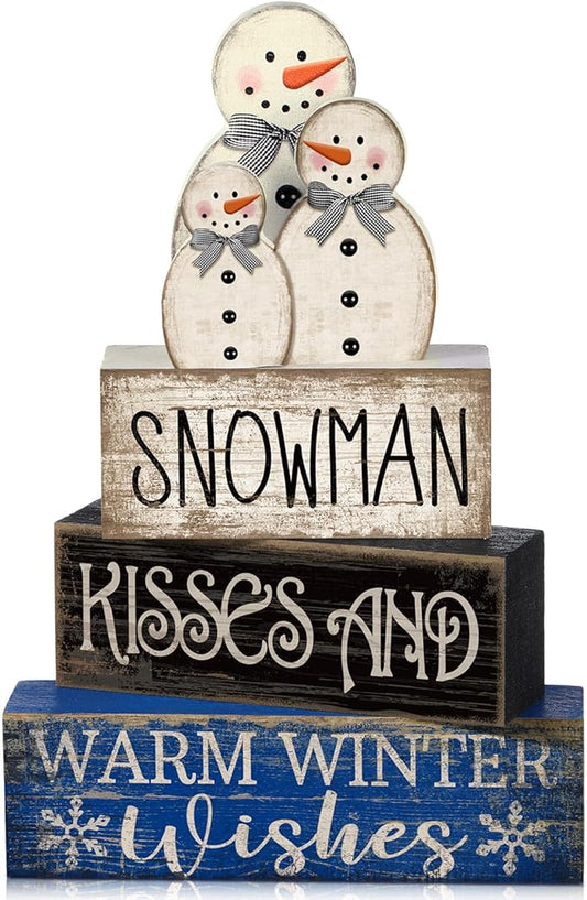 Lineshading 4 Pcs Winter Table Decor Wooden Snowman Decorations Winter Tiered Tray Decor Christmas Centerpieces Rustic Decorative Snowman Block Signs Gift Farmhouse for Kitchen Home Desk
