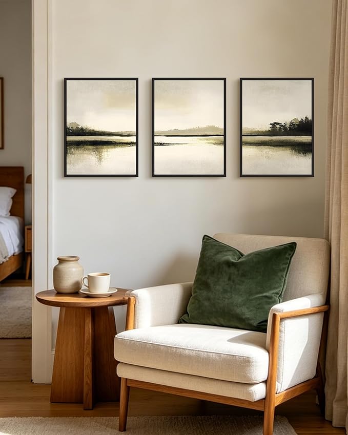 PHOPAGO Abstract Lake Landscape Framed Wall Art Watercolor Nature Wilderness Paints Nordic Neutral Tan Illustration Decorative - 12x16in Black Framed