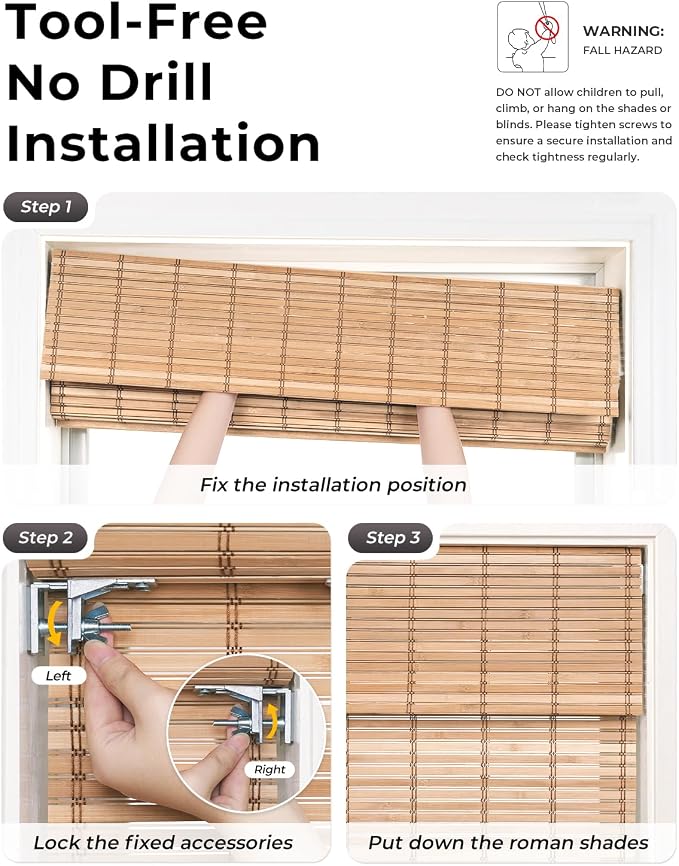 UNISHADES No Drill Cordless Bamboo Roman Shades, 30.5×64 in, Sand Tan | Natural material, Light Filtering, Easy Install