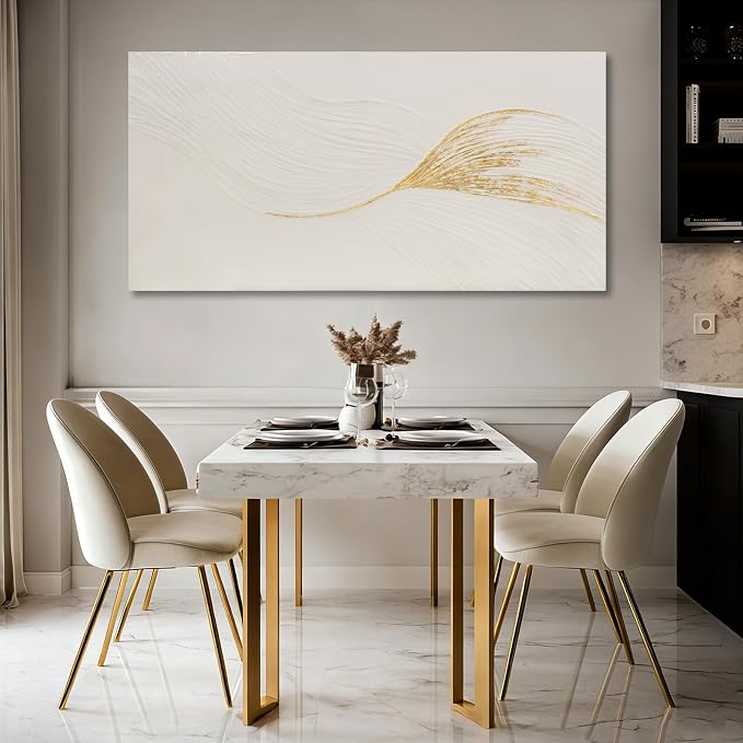 Dolidoteart Wall Art Hand Painted Oil Painting, Neutral White and Gold Textured Abstract Wall Art, Large 24x48 Inch Modern Living Room Wall Decor for Bedroom Dining Room Office Entryway