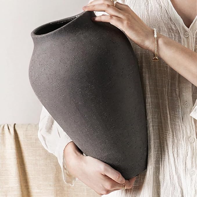 Ceramic Vase - Large 13.6 Inch Tall Floor Vase for Centerpieces, Farmhouse Flower Vases, Rustic Minimalist Home Decor for Living Room, Enterway, Wedding (Sandstone Dark Gray)