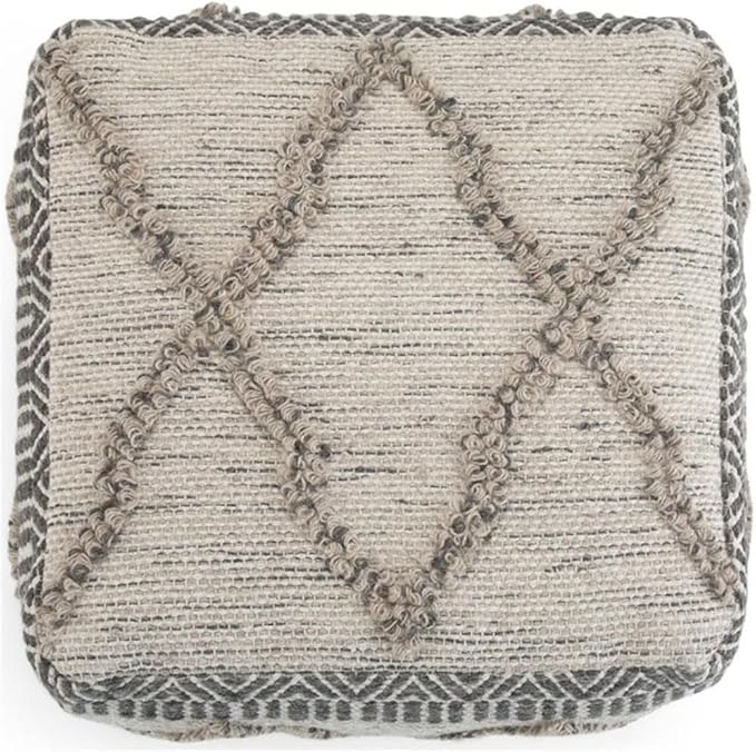 SIMPLIHOME Sweeney Square Pouf - 18 inch Wide Upholstered Wool and Cotton Handloom Woven Ottoman in Grey and Natural, Boho-Style Footstool, Extra Seating or Accent Piece for Living Room, Assembled