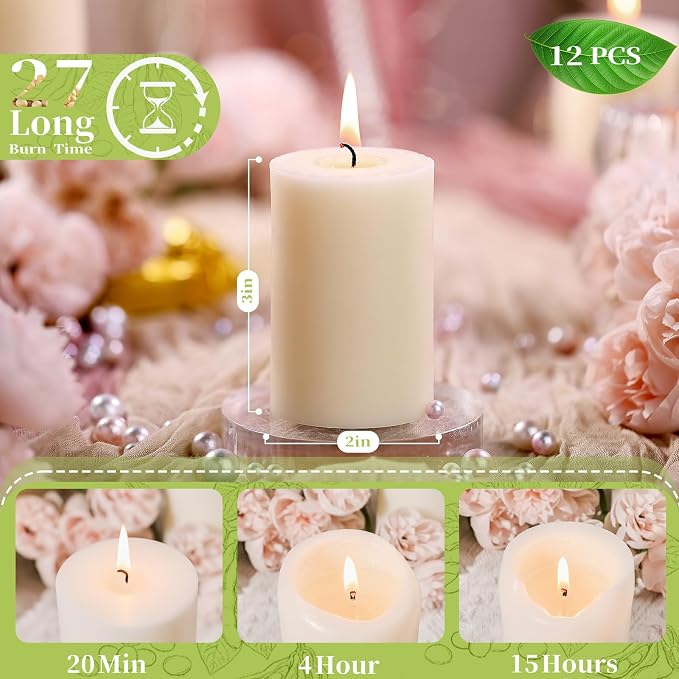 12 Pack Soy Pillar Candles-2x3 in White Unscented Pillars-324 Hour Long Clean Burning,Non-Toxic Dripless & Smokeless-Natural Soy Wax Candles for Wedding, Parties,Home Decor, Prayer and Emergency