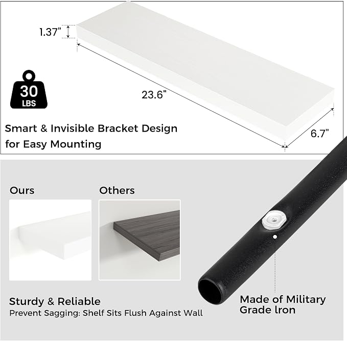24" Wide x 6.5" Deep Floating Shelves for Wall, White Finish, 2-Pack | Engineered Wood Wall Shelves with Invisible Brackets for Living Room, Bedroom, Bathroom, Office & Kitchen Storage