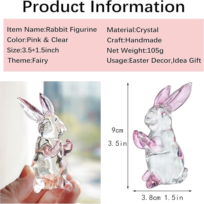 HDCRYSTALGIFTS 3.5inch Crystal Rabbit Bunny Figurine Collectibles Spring Easter Bunny Decorations Glass Art Animal Paperweight Easter Home Decor Creative Gift