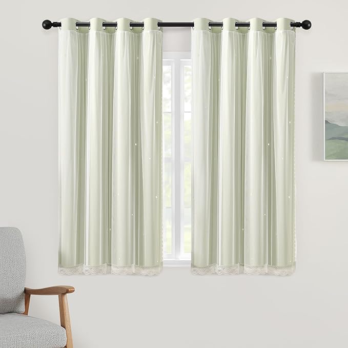XiDi Star Blackout Sage Green Curtains for Nursery Kid Girls Bedroom Living Room 2 Panels Double Layer Thermal Insulated Star Cut Out Wall Home Decor Grommet Short Window Curtains Kitchen 34x45