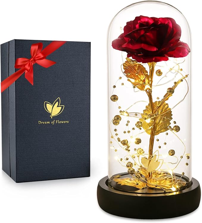 Mothers Day Rose Gifts for Mom, Birthday Gifts for Women, Flower Galaxy Glass Rose with 2 Light Modes Forever Eternal Colorful Gold Foil Rose in Glass Dome,Anniversary Valentines Women Gifts