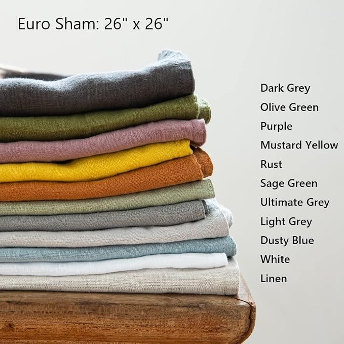 Simple&Opulence 100% Washed Linen Euro Shams 26'' x 26'' Pack of 2, Basic Style Solid Color Natural Flax Farmhouse Decorative Square Throw Pillow Covers for Bed Couch Sofa - White