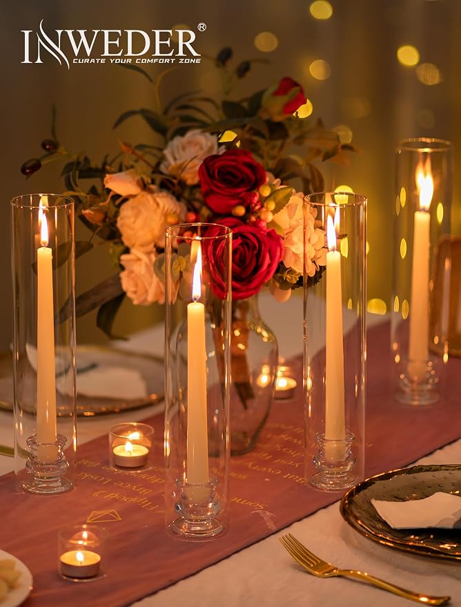 Glass Hurricane Candle Holder: 12" Tall Candlestick Holder Bulk with Cylinder Windproof Cover Set of 10 Clear Taper Candle Holders for Wedding Party Birthday Christmas Decor