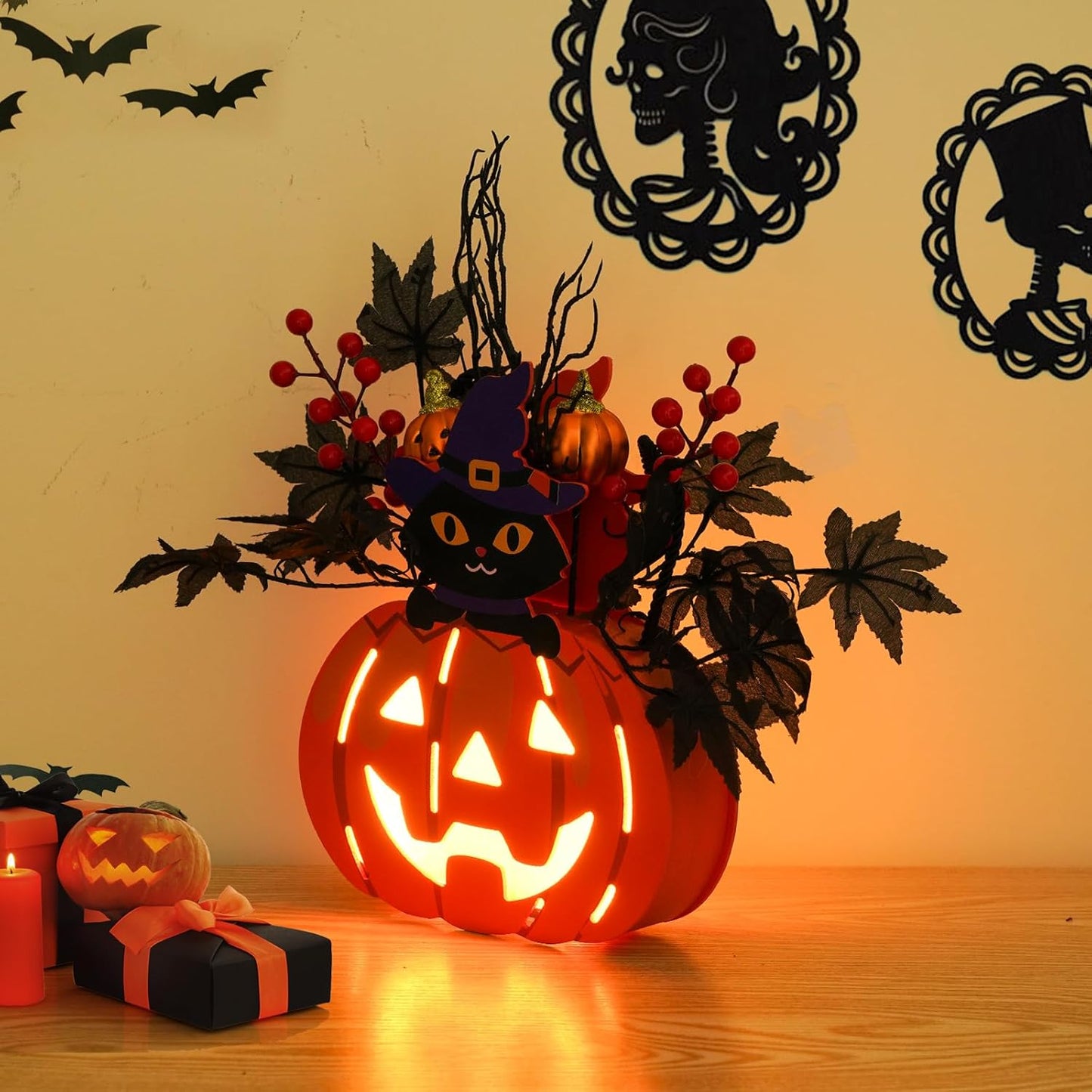 Halloween Pumpkin Decorations, Lighted Jack-O-Lantern with Maple Leaves Berries Black Cat, Halloween Door Sign Wood Pumpkin Lights for Front Door Indoor Outdoor Yard Party Cartoon Hanger Decor