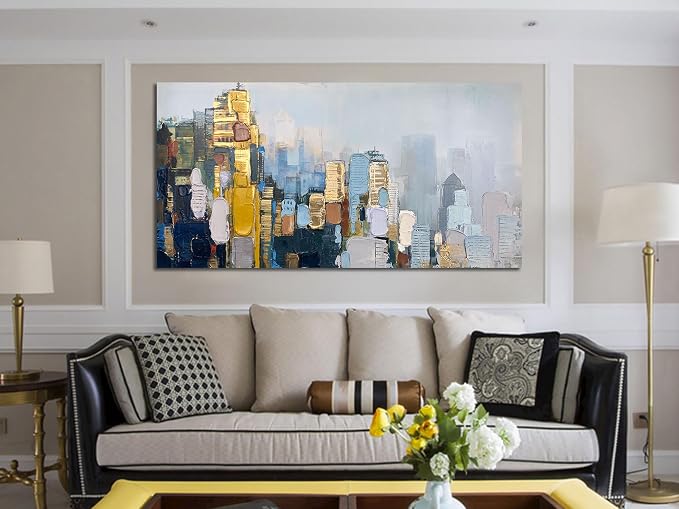 Arjun Neutral Wall Art Painting Oversize Abstract Art Wall Decor Canvas, Textured Skyline for Living Room Gold Painting Modern Artwork for Men Bedroom Cityscape Home Office Wall Decor, 58"x 29"