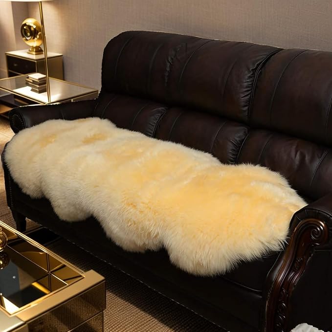 AOGELAN Premium Genuine Sheepskin Rug, Real Australia Sheepskin Natural Lambskin Fur Area Rug Seat Covers for Kids Bedroom Sofa Chair Cover Pets Dogs Mat Double Pelt/2FT*6FT Golden Yellow