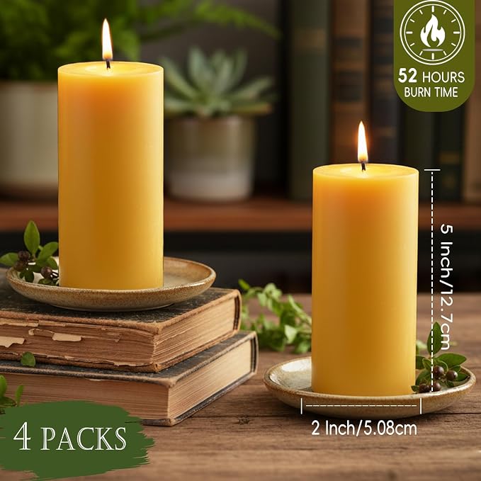 2x5 Inch Beeswax Candles, 4 Packs, Natural Beeswax Pillar Candles, 52 Hours Burn Time, Pure Emergency Candle Long Burning for Home Decor, Gift Sending, Smokeless & Dripless