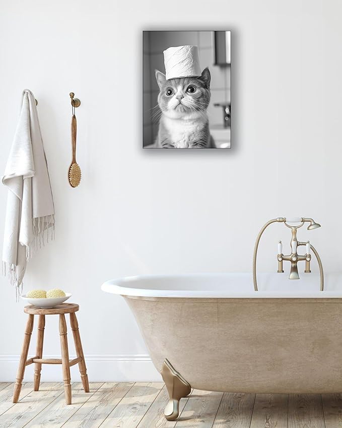 UPWOIGH Funny Black and White Cat Bathroom Wall Art, Cat with Toilet Paper Roll Decor, Cute Pet Humor Poster, Wood Framed Canvas 12x16 Inch