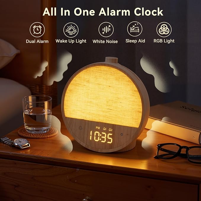 Vivilumens Sunrise Alarm Clock with Sound Machine, Gentle Wake-Up Light, Dual Alarms for Heavy Sleepers Adults, Dimmable RGB Mood Light Digital Alarm Clocks for Bedrooms, Wood Grain