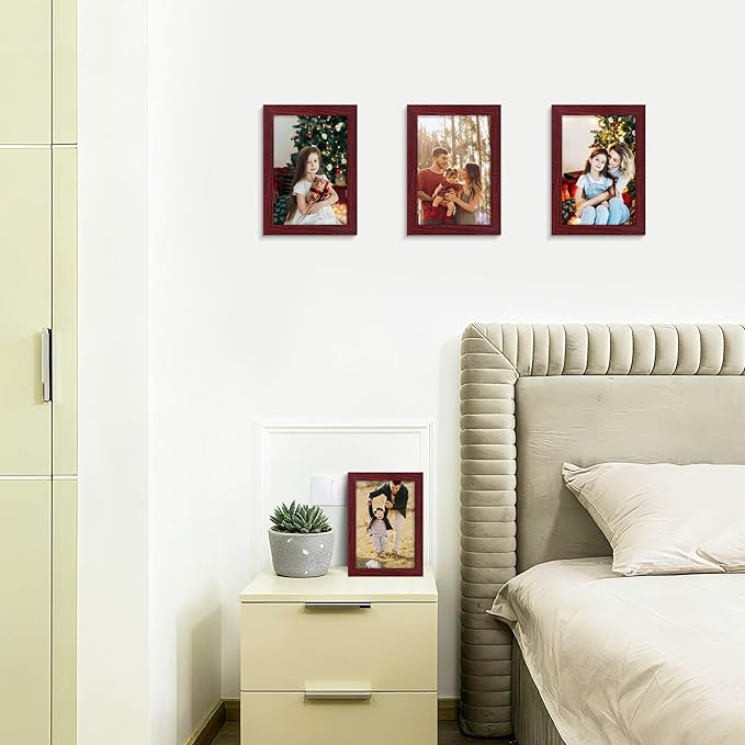Picrit 4x6 Picture Frame Set of 12, Display 3.5x5 with Mat or 4x6 Without Mat, Photo Frames for Wall Mounting or Table Top Display, Dark Red Wood
