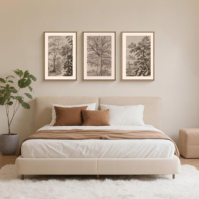 Large Vintage Tree Sketch Framed Canvas Wall Art,Brown and Beige Botanical Wall Decor,Natural Forest Artwork,Textured Landscape Art Print for Living Room,Bedroom,Office- 24"x36"x3