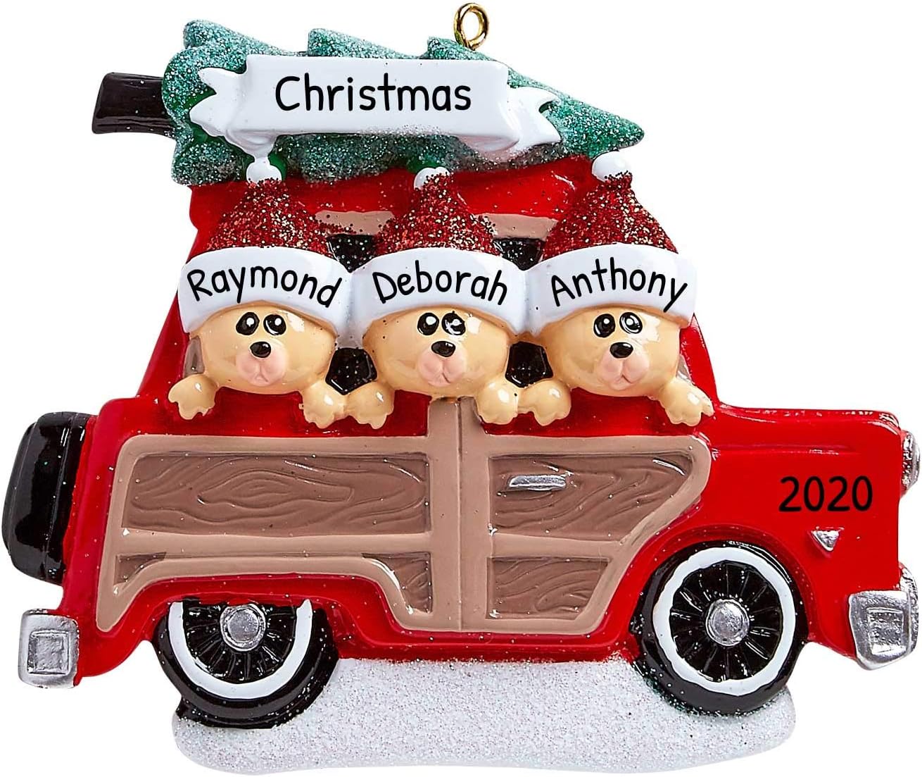 3D Road Trip Bears Family of 3 Ornament 2025 Personalized Family Christmas Ornaments 2025 | Snowy Tree Red Truck Personalized Tree Ornaments for Grandchildren, Siblings & Grandkids of Three Ornament