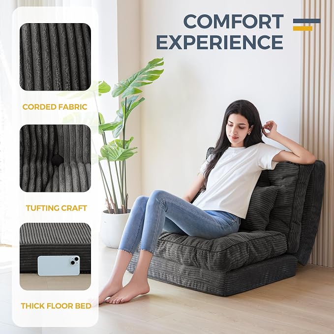 MAXYOYO Folding Sofa Bed, Tufted Bean Bag Bed with Pillows Floor Couch for Adults, Extra Thick and Long Floor Sofa, Single Couch for Bedroom Living Room, Dark Grey, 30x91 Inch