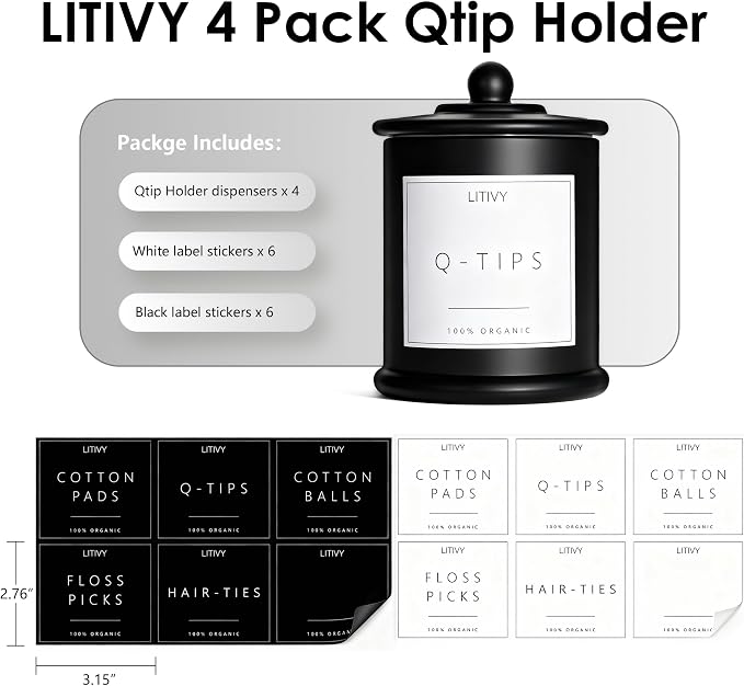 LITIVY 4 Pack Bathroom Organizers and Storage - 16 Oz Glass Qtip Holder & Cotton Pad Dispenser with Lid, Apothecary Jars for Home, Room Decor, Kitchen Organizer (Black)