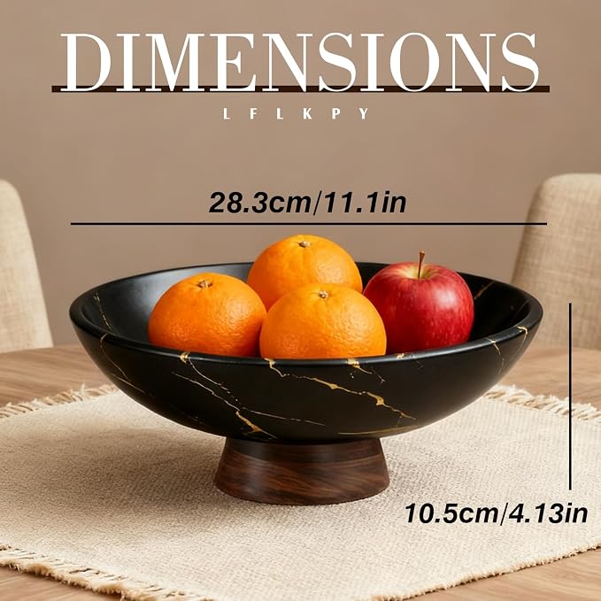 Black Marble Texture Decorative Bowl with Wood Base – 11" Modern Pedestal Fruit Bowl for Dining Table, Kitchen or Entryway Décor