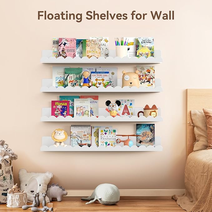 Floating Shelves for Wall, 23 Inch Metal Nursery Book Shelves 4 Pack, Wall Mounted Book Shelf for Kids Room, Bedroom, Bathroom, Playroom Decor （White）