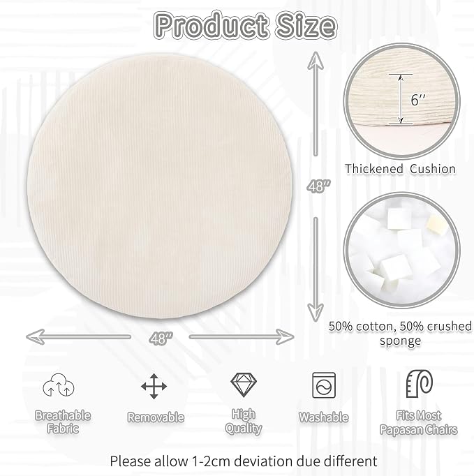 Yddsky Papasan Round Chair Cushions(Without Chair),White,48 x 48 x 6Inch | Detachable Corduroy Cover，Memory Foam Filling，Oversized Round Chair Pad