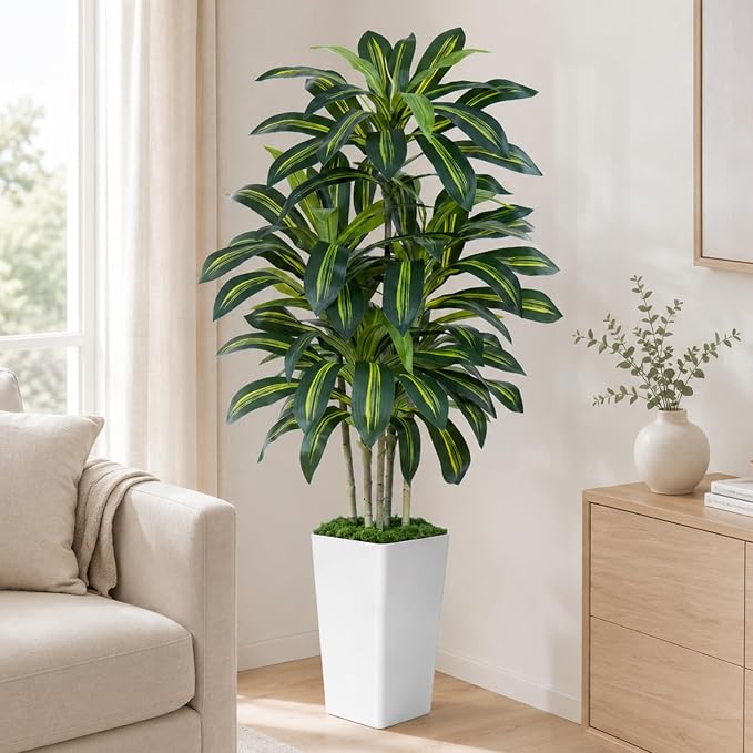 Dracaena Plant Artificial Tree 5Ft Tall Fake Tropical Floor Plants Potted Artificial Silk Tree Leaf Faux Trees White Tall Planter for Home Office Living Room Indoor Outdoor Decor