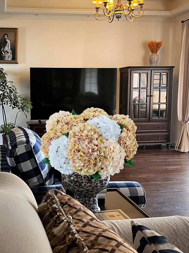 ZYTUYO 5 Pcs Champagne Mauve Silk Hydrangeas Artificial Flower Boho Dried Touch 20'' Faux Hydrangeas for Indoor Home Decor Kitchen Living Room Outdoor Porch Wedding Flower Arrangement