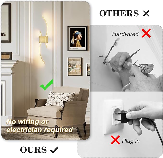 Battery Operated Wall Sconces Set of Two with Remote Control, Battery Wall Light, Stepless Colors 3000K-6000K & Dimming, Brass Rechargeable Wall Sconces for Living Room, Hallway, Bedroom, 31.5 Inch