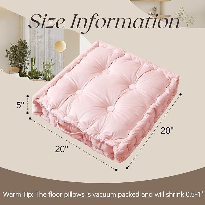 Square Floor Pillows, Large Floor Cushion for Adults Kids, Meditation Floor Pillow Seating Cushion with Shredded Memory Foam and Silk Wadding, 20"x20"x5" Blush