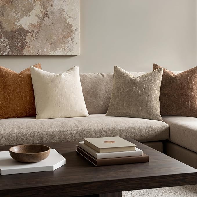 MIULEE Pack of 4 Decorative Throw Pillow Covers 18x18 Inch Brown Chenille Textured Throw Pillows Boho Farmhouse Rustic Cushion Covers for Vintage Modern Home Decor Couch Sofa Bed Living Room