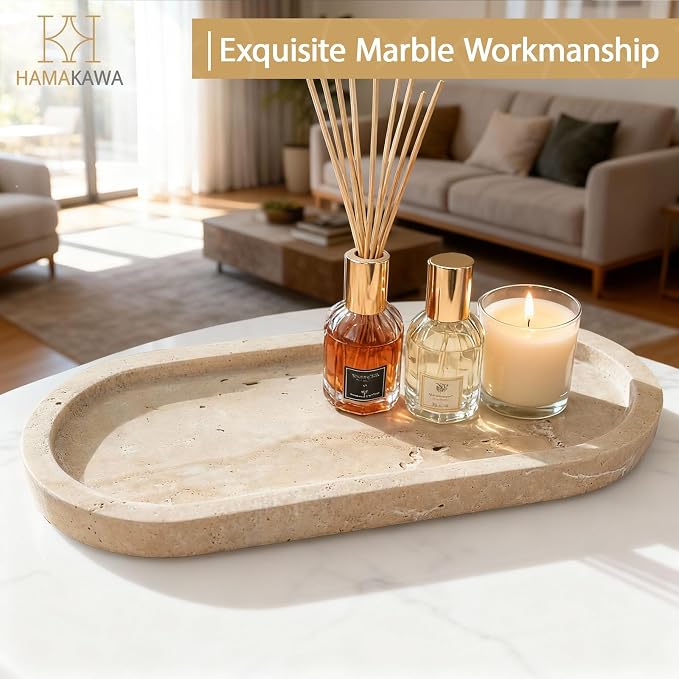 Turkish Natural Marble Vanity Tray, Oval Bathroom Tray 10 inch, Beige Travertine Perfume Trays, Vanity Organizer for Soap, Kitchen, Home Decor