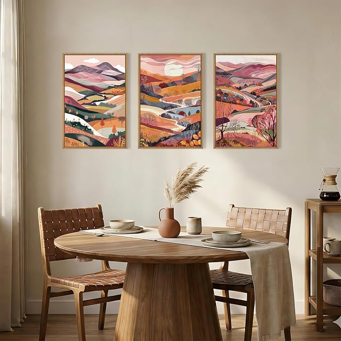 KAIRNE Boho Colorful Mountain Framed Canvas Wall Art Set,Abstract Pink Landscape Wall Decor,Watercolor Forest Art Prints,Nature Scenery Artwork for Living Room,Bedroom,Farmhouse,Office-16 x24 x3