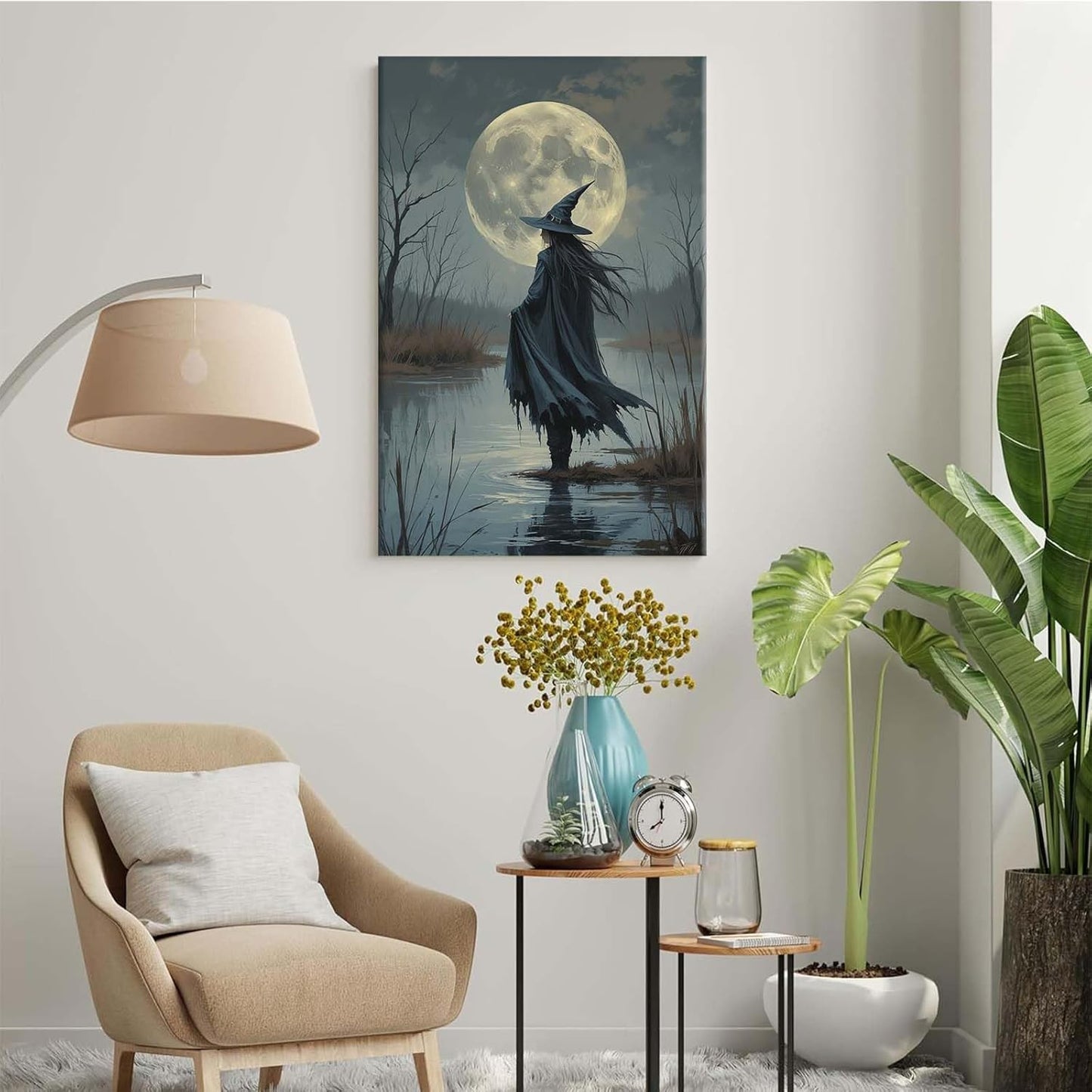 Witch in the moonlight magic canvas wall art enchanting Halloween home decor swamp witch silhouette oil painting mysterious gothic aesthetic wall decor print poster16x24in Wood Framed