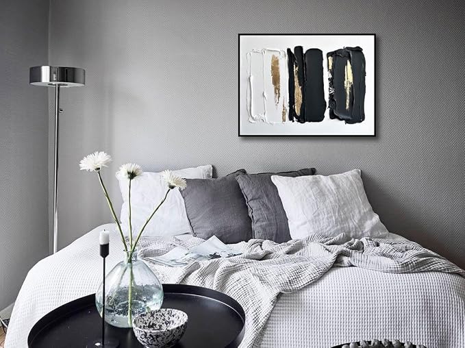 Sofoney - Black Framed Black and White Abstract Wall Art with Gold Foil Hand Painted Black and Gold Brushstrokes Oil Painting Heavy Textured Canvas Wall Decor for Living Room Bedroom Bathroom- 18"x24"