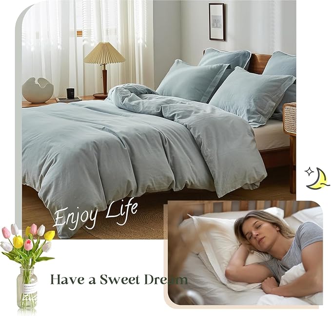 Simple&Opulence 100% Linen Duvet Cover Set, 3 PCS Natural French Flax Dusty Blue Duvet Cover Queen Size, Breathable Soft Comfy Linen Bedding Comforter Cover with 2 Pillowcases(Dusty Blue, 88"x92")